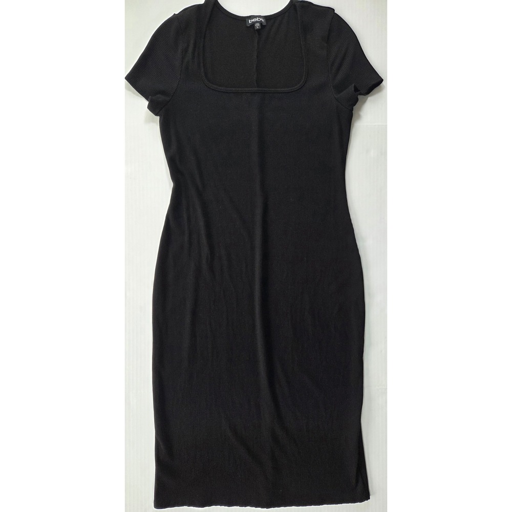Bebe Womens Black Ribbed Knit Square Neck Short Sleeve Bodycon Midi Dress Large‎
